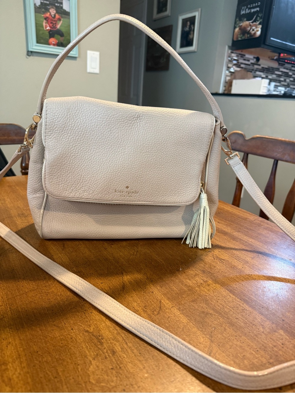kate spade Cream Pebbled Leather Shoulder Bag with Tassel